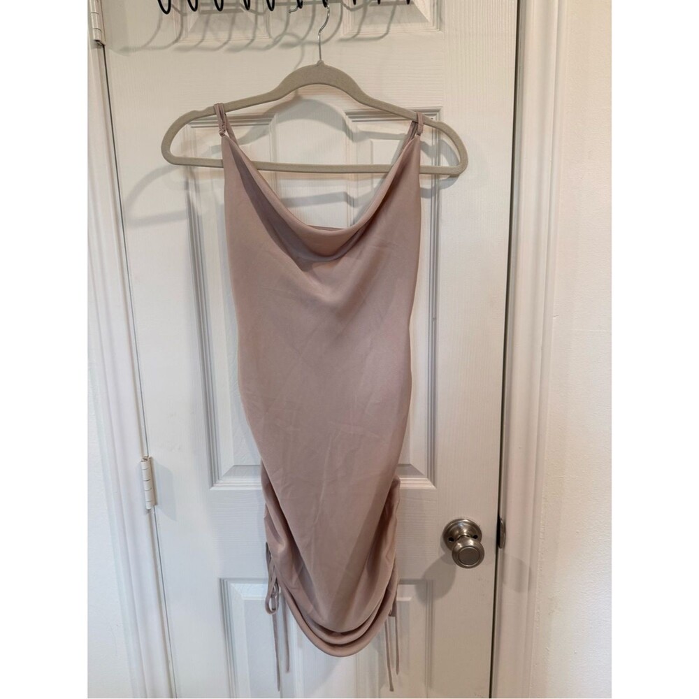 Women's Cowl Neck Sateen Tan Sleeveless Midi Dress, Size Small